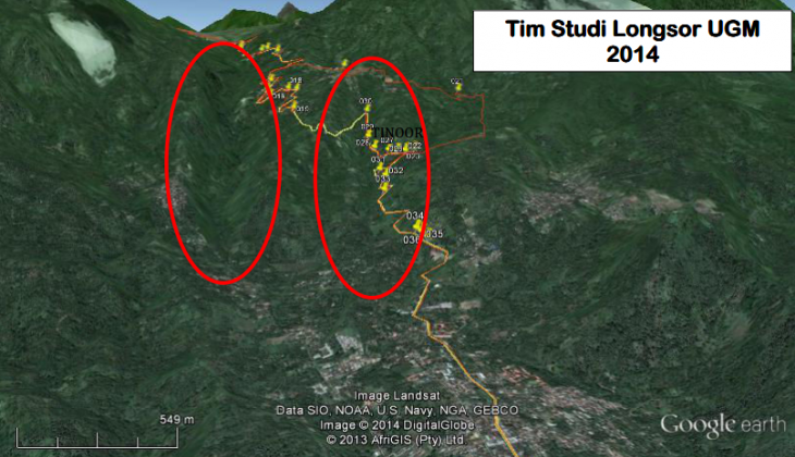Daerah potensi terjadinya longsor(lingkaran merah) di sepanjang jalur Manado-Tomohon pemicu banjir bandang yang mengancam Kota Madado Bagian Barat-Tengah