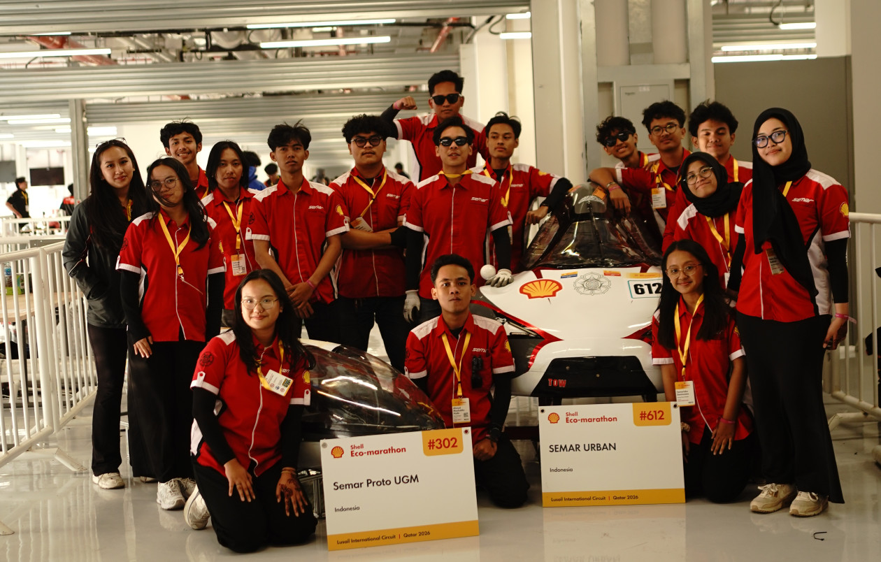 Student engineers from UGM’s Semar Team prepare their energy-efficient vehicle for competition at Shell Eco-Marathon Qatar