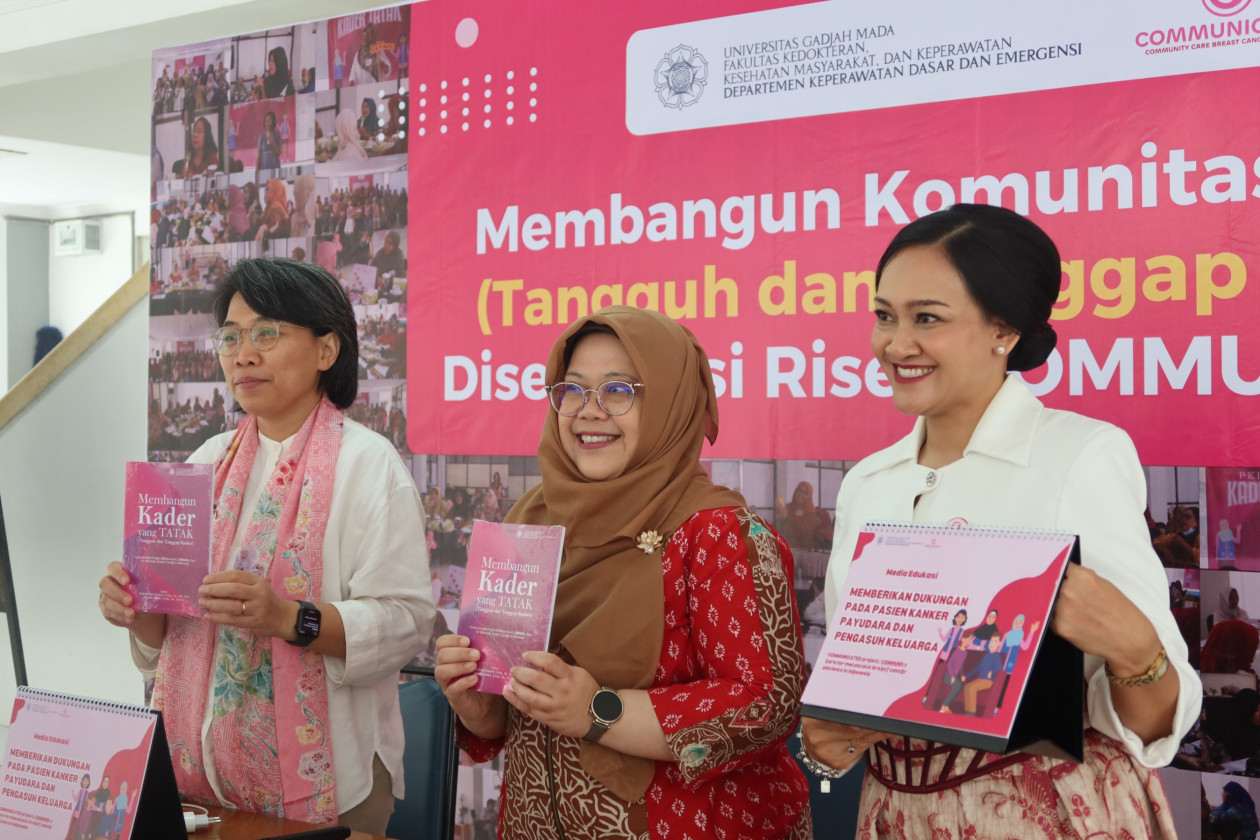Community health cadres attending a breast cancer support workshop at Universitas Gadjah Mada.