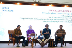 Academic discussion on integrity and AI at UGM Senate Hall.