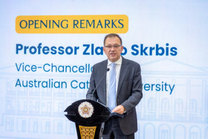 UGM and ACU officials launching the Human Flourishing Center at UGM Senate Hall