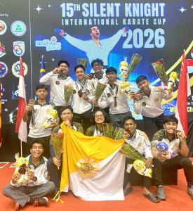 UGM karate athletes posing with medals at international championship in Malaysia