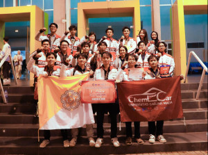 Members of the UGM Reactics team pose with trophies at the Indonesia Chemical Reaction Car Competition.