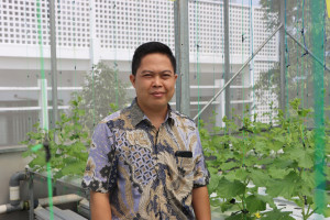 Dr. Agus Budi Setiawan inspects premium melon plants at Madania Greenhouse in Bantul.