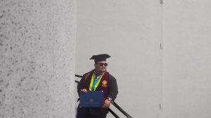 Eziel Ivander David Simbolon, a Forest Management graduate from UGM’s Vocational College, celebrates earning his degree at age 21.