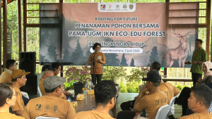 UGM Rector and partners participate in a tree-planting event at Wanagama Nusantara during World Environment Day 2026.