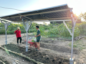 Researchers and local farmers observe a hybrid solar power installation designed to support sustainable agriculture in Pandowoharjo Village.