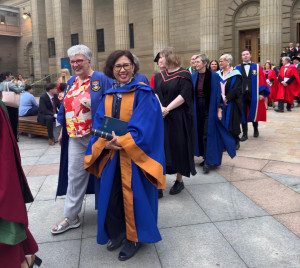 UGM Rector Professor Ova Emilia receives an honorary Doctor of Laws degree during the University of Dundee graduation ceremony.