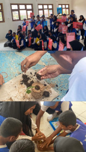Students at State Junior High School 24 in Central Halmahera learn to make biopots from coconut husk waste during a UGM entrepreneurship session.
